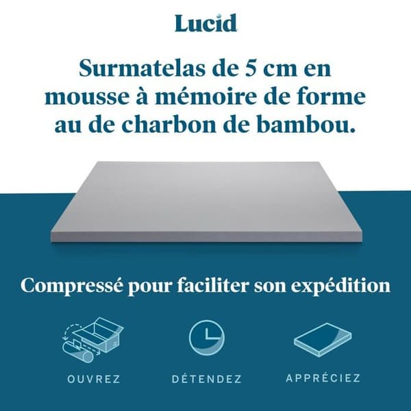 Lucid - LU5C121930BT-EU - 5 cm Memory Foam Övermadrass med Bambu Charcoal - Övermadrass 120 x 190 cm