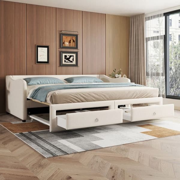 Sängsoffa med utdragbar säng, sängsoffa med två lådor (utan madrass), minimalistisk, beige, 90x200 cm