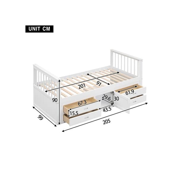 90x200 cm Podiumssäng, barnsäng, podiumssäng med 4 lådor, med förvaringsskåp, vit