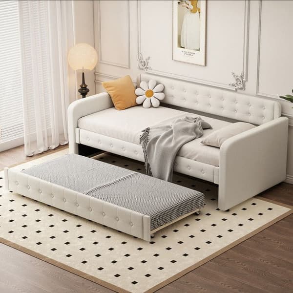 Sängsoffa 90*200cm, dagbädd, med utdragbar säng, stort förvaringsutrymme, ljusbeige