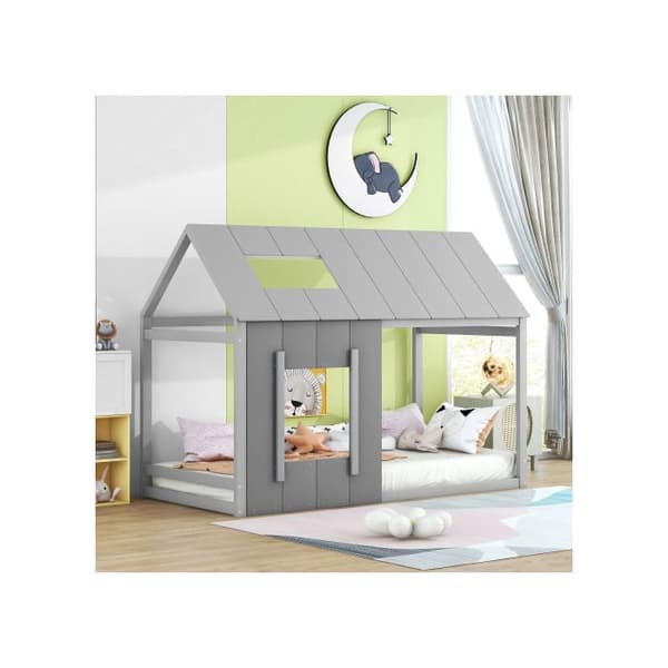 90 x 200 Lit d'enfant, lit d'enfant i form av hus, platt enkelsäng med tak och fönster, mörkgrå + ljusgrå