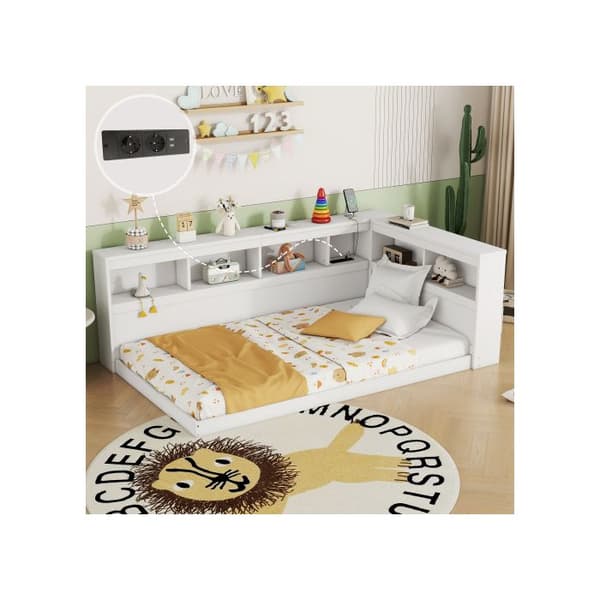Soffa-säng, 90 x 200 cm, med eluttag och 2 USB-portar, säng med träribbsängbotten (utan madrass) Vit