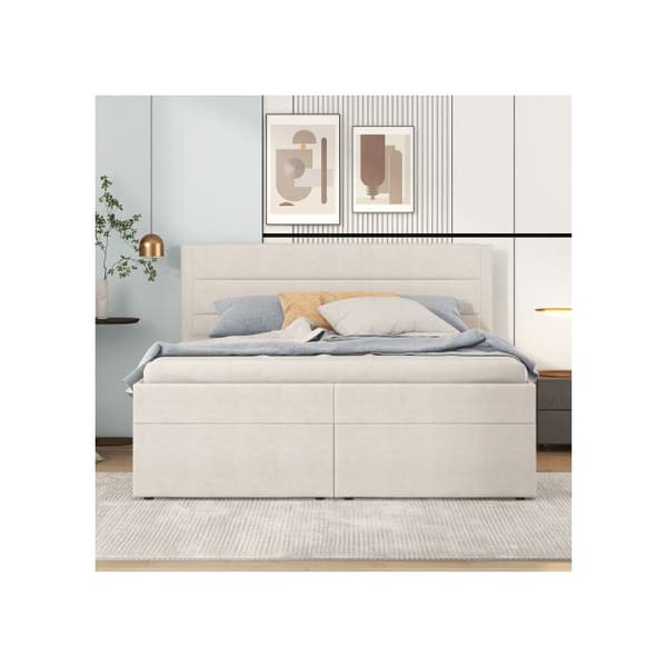 Polstrad säng, 200x140 cm, dubbelsäng med metallribbotten, stort förvaringsutrymme, beige