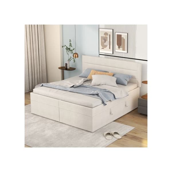Polstrad säng, 200x140 cm, dubbelsäng med metallribbotten, stort förvaringsutrymme, beige