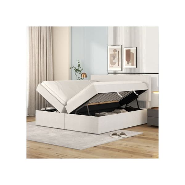 Polstrad säng, 200x140 cm, dubbelsäng med metallribbotten, stort förvaringsutrymme, beige