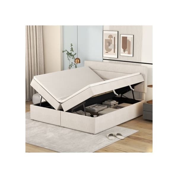Polstrad säng, 200x140 cm, dubbelsäng med metallribbotten, stort förvaringsutrymme, beige