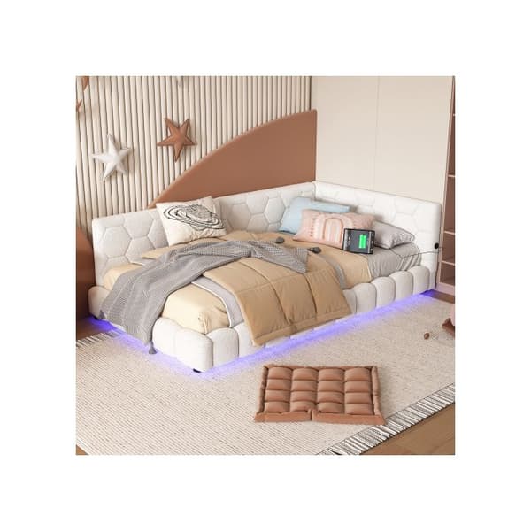 Dagbädd, Dagbädd 90*200 cm, Soffbed, Säng med ribbotten (utan madrass), 16 färger av atmosfärbelysning, vit