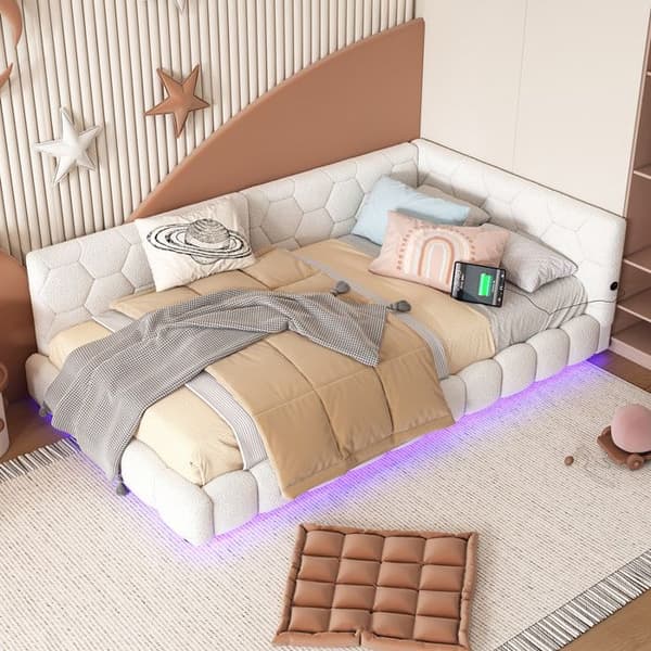 Dagbädd, Dagbädd 90*200 cm, Soffbed, Säng med ribbotten (utan madrass), 16 färger av atmosfärbelysning, vit