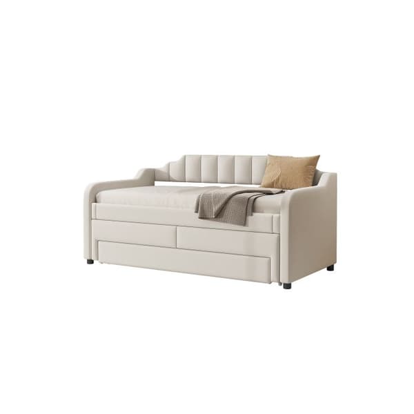 90 x 200 cm (190 cm) Dagbädd, Enkel stoppad dagbädd med hjul, Dagbädd med lådor, Beige