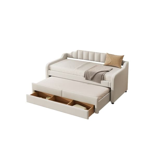 90 x 200 cm (190 cm) Dagbädd, Enkel stoppad dagbädd med hjul, Dagbädd med lådor, Beige