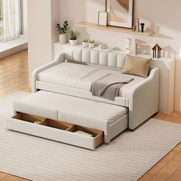90 x 200 cm (190 cm) Dagbädd, Enkel stoppad dagbädd med hjul, Dagbädd med lådor, Beige
