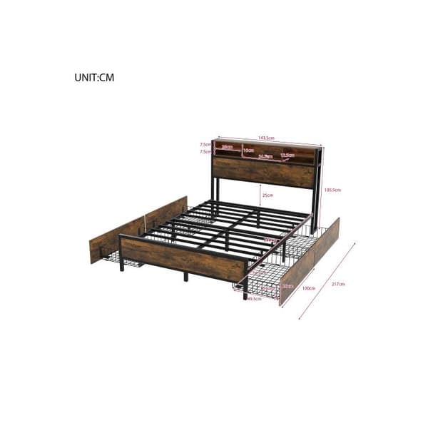 Säng 140*200 cm med ribbotten och sänggavel, LED-säng med USB-laddningsport, juniorsäng med 4 lådor, brun