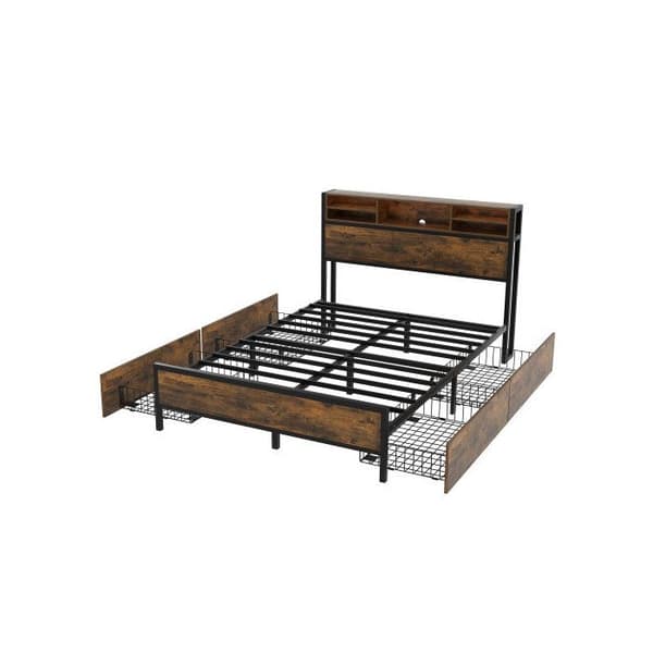 Säng 140*200 cm med ribbotten och sänggavel, LED-säng med USB-laddningsport, juniorsäng med 4 lådor, brun