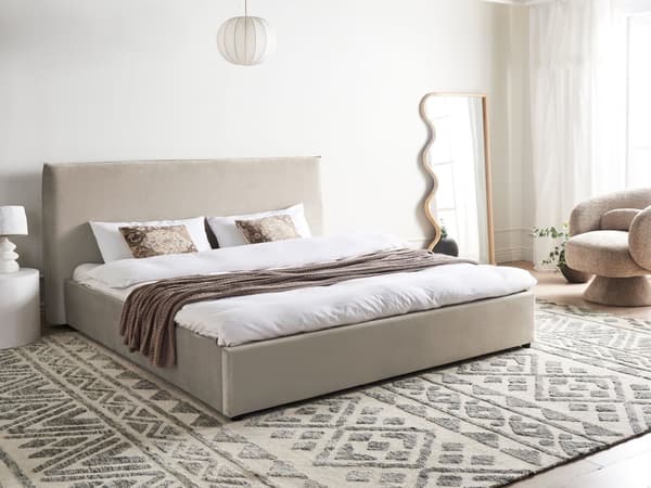 Seng Taupe Fløyel Polstring 180 x 200 cm Stor Klassisk Sengegavl Tre Lameller