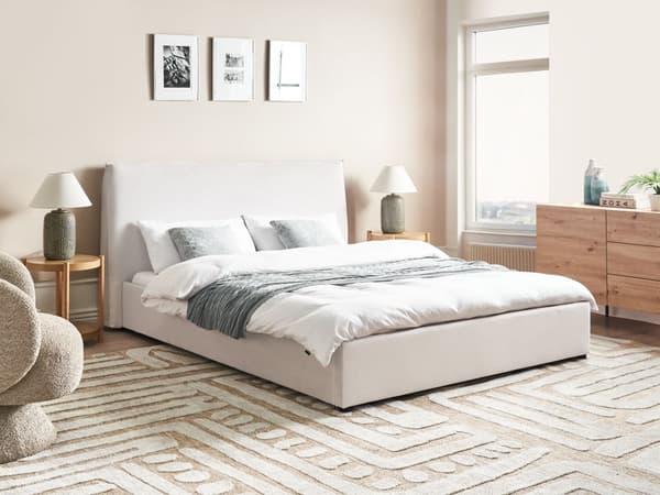 Seng Off-White Fløyel Polstring 160 x 200 cm Stor Klassisk Sengegavl Tre Lameller