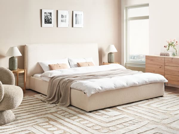 Seng Off-White Boucle Polstring 180 x 200 cm Stor Klassisk Sengegavl Tre Lameller