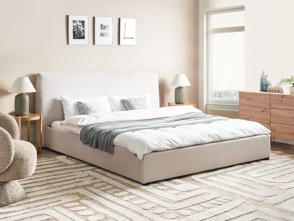 Seng Off-White Fløyel Polstring 180 x 200 cm Stor Klassisk Sengegavl Tre Lameller
