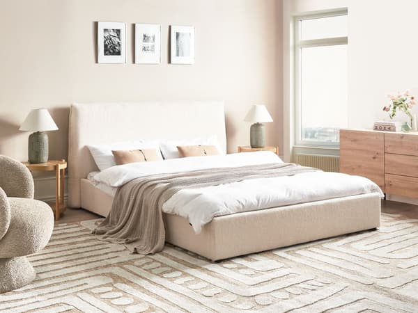 Seng Off-White Boucle Polstring 160 x 200 cm Stor Klassisk Sengegavl Tre Lameller