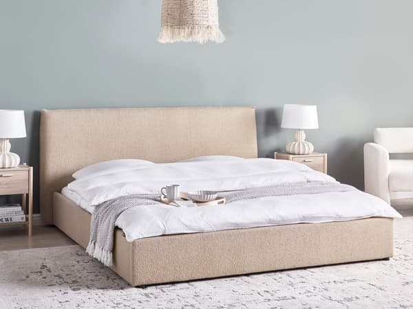 Seng Taupe Boucle Møbeltrekk 180 x 200 cm Stor Klassisk Sengegavl Tre Lameller