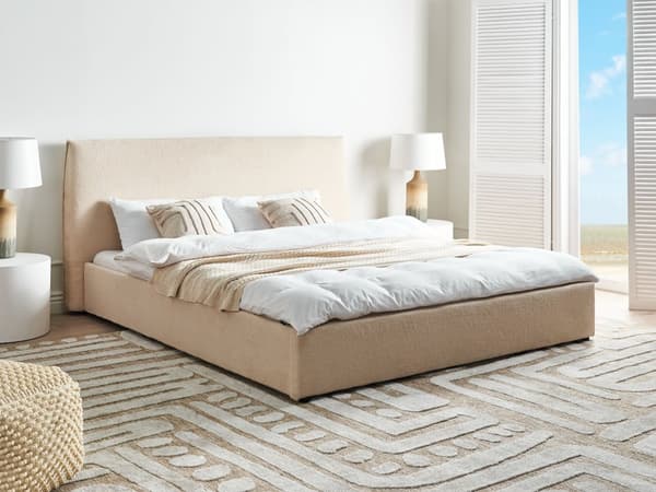 Seng Beige Boucle Polstring 180 x 200 cm Stor Klassisk Sengegavl med Tre Lameller