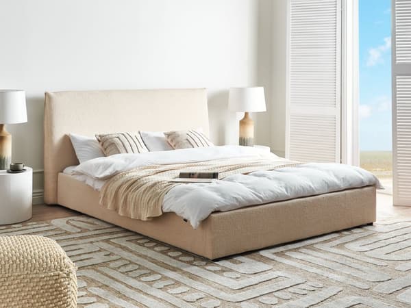 Seng Beige Boucle Polstring 160 x 200 cm Stor Klassisk Sengegavl med Tre Lameller
