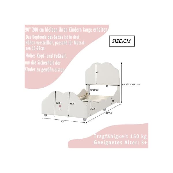 Säng för barn, stoppad 90 x 200 cm hög, sängram med spjälor och sänghuvud och fotända i molnform.