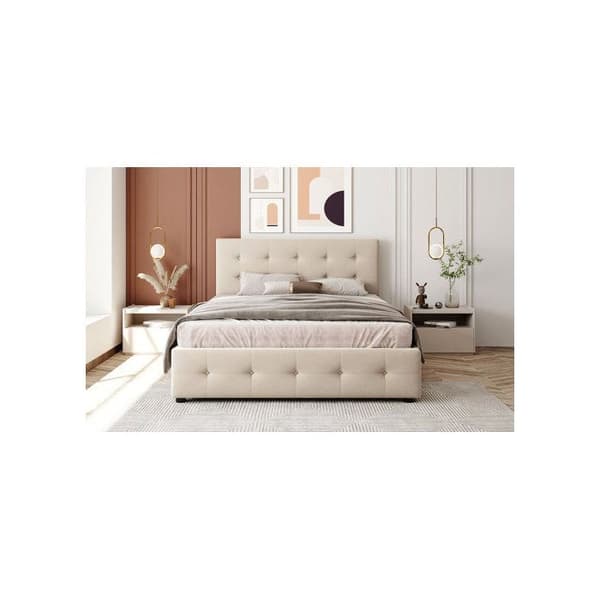 Dubbel säng 140 x 200 cm, med lådor, ribbotten och ryggstöd, beige (utan madrass)