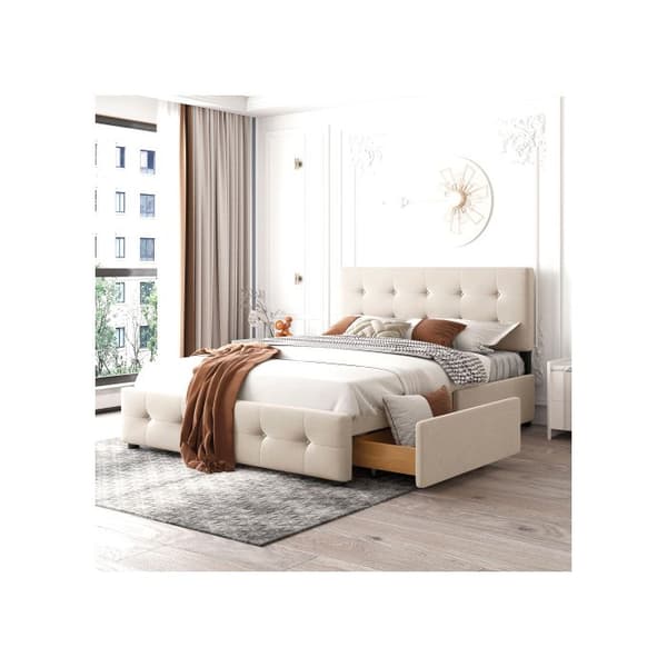 Dubbel säng 140 x 200 cm, med lådor, ribbotten och ryggstöd, beige (utan madrass)