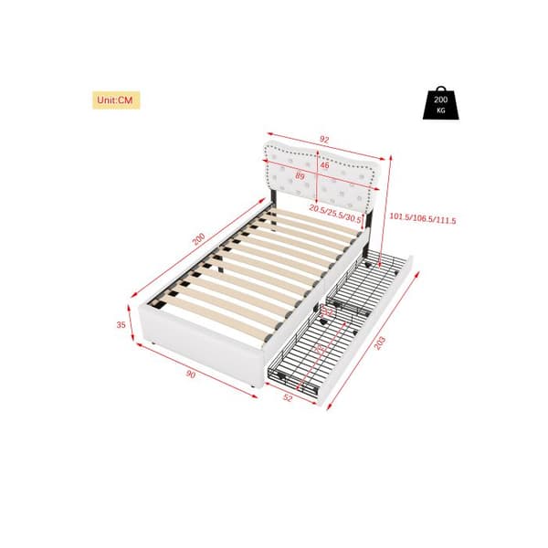 Säng 90*200 cm, stoppad säng, stoppad sänggavel med dekorativa nitar, dubbla lådor, ljusbeige