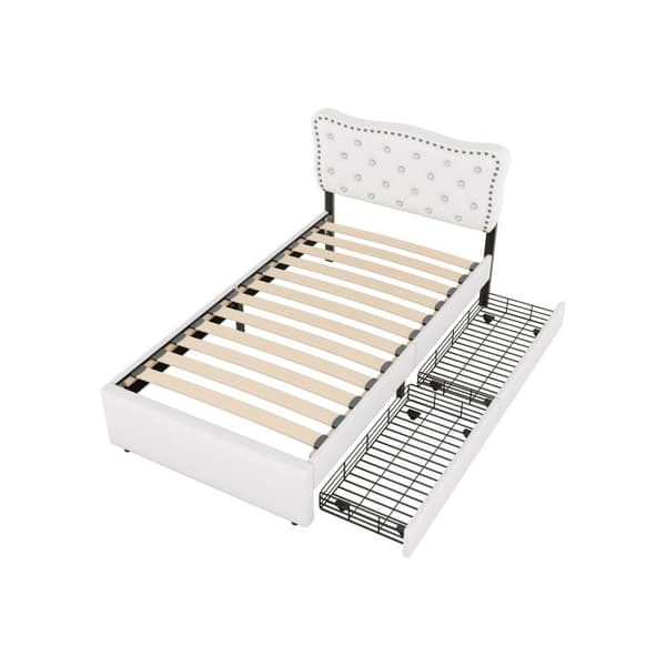 Säng 90*200 cm, stoppad säng, stoppad sänggavel med dekorativa nitar, dubbla lådor, ljusbeige