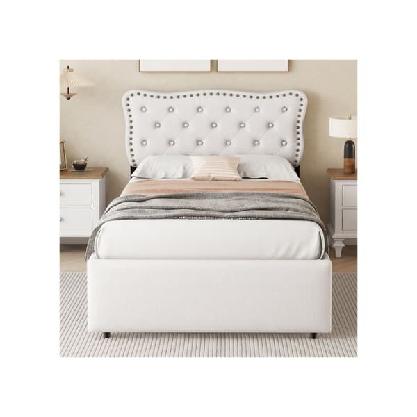 Säng 90*200 cm, stoppad säng, stoppad sänggavel med dekorativa nitar, dubbla lådor, ljusbeige