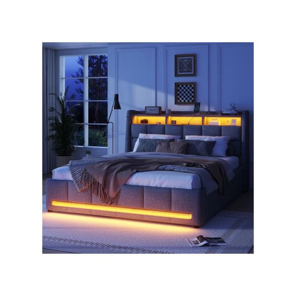 Uppfyllt säng, 160 x 200 cm, utan madrass, APP LED-lampa med fjärrkontroll, låda med strömuttag och USB, grå