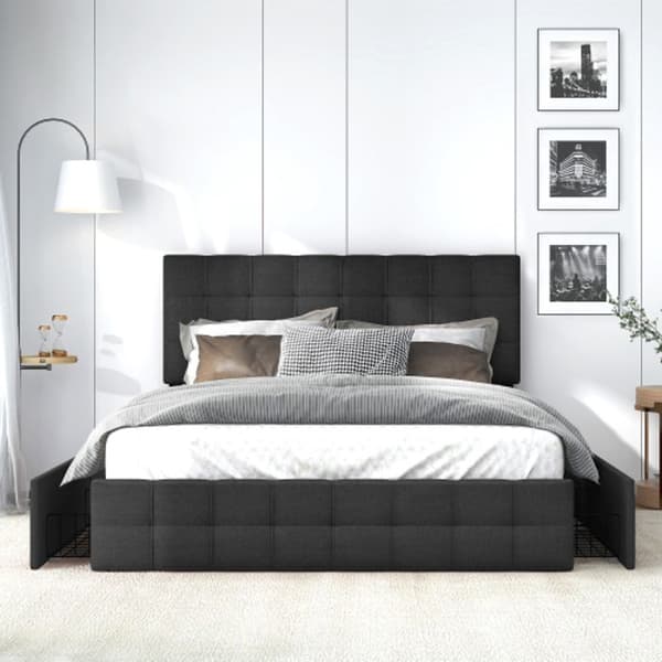 Klädd säng med 4 lådor, med lamellbotten Höjdjusterbar sänggavel, linne (140*200 cm, svart)
