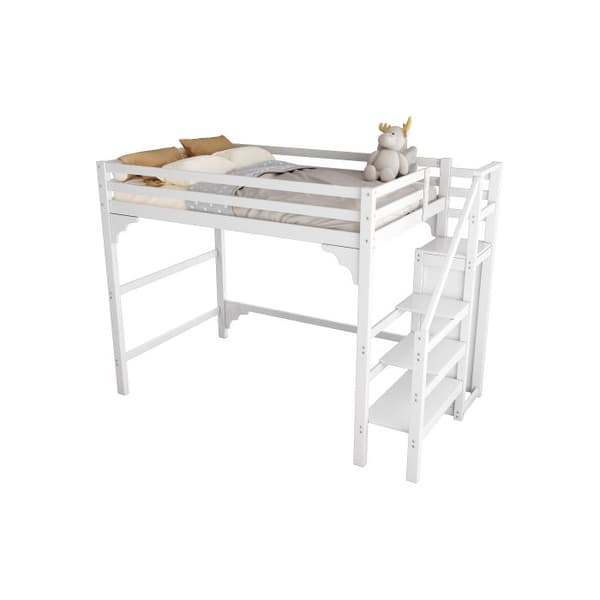 Översäng 140*200cm med ribbotten, med trappa, med garderob, tonårssäng, förvaringsutrymme. Vit