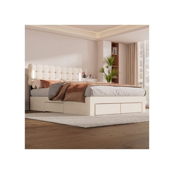 Säng 140*200 cm, med belysning på båda sidor om sängen och fyra lådor i slutet av sängen, färg beige.