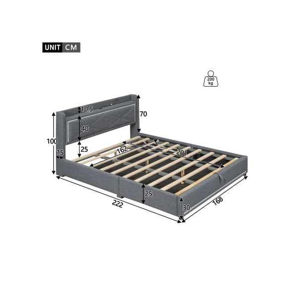 Säng 160*200 cm, stämningsbelysning i sängens ände, justerbart stöd, höj- och sänkbar säng, grå.