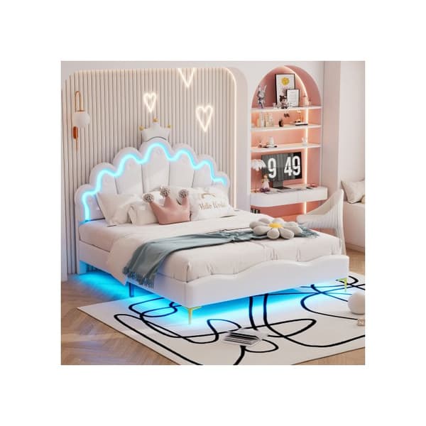 Dubbel säng 140*200 cm, klädsel i mjukt PU-läder, justerbar LED-ljusramp, vit
