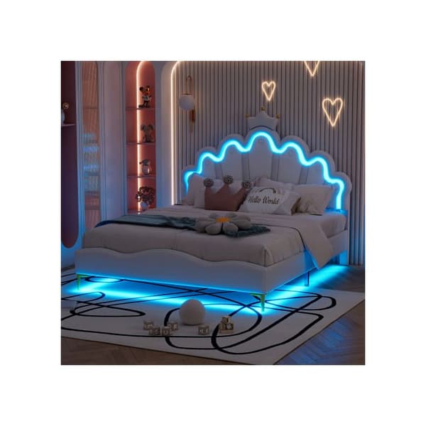 Dubbel säng 140*200 cm, klädsel i mjukt PU-läder, justerbar LED-ljusramp, vit