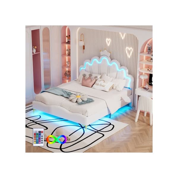 Dubbel säng 140*200 cm, klädsel i mjukt PU-läder, justerbar LED-ljusramp, vit