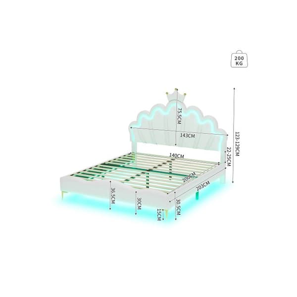 Dubbel säng 140*200 cm, klädsel i mjukt PU-läder, justerbar LED-ljusramp, vit