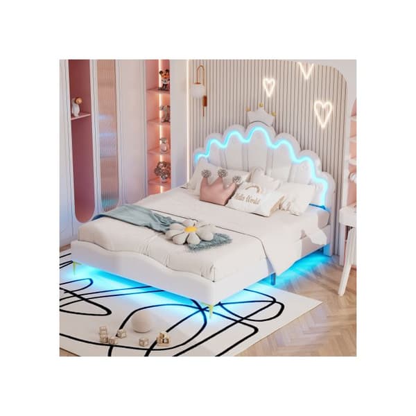 Dubbel säng 140*200 cm, klädsel i mjukt PU-läder, justerbar LED-ljusramp, vit