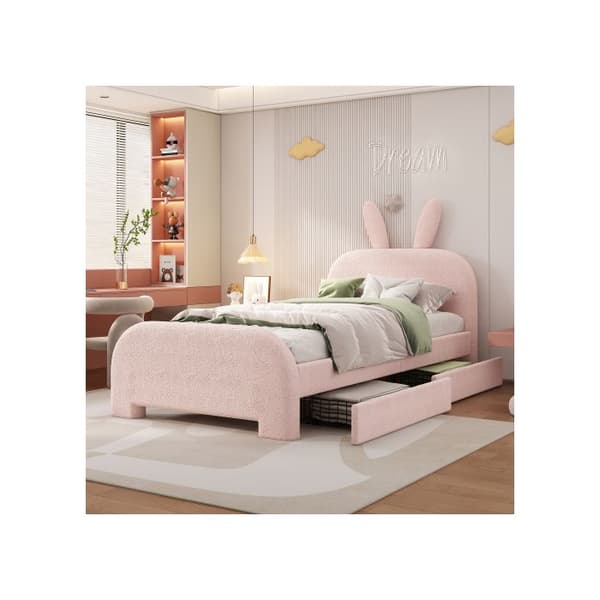 90*200cm Låg säng, stoppad, slitstark fårull, tecknad kaninform, två lådor, rosa