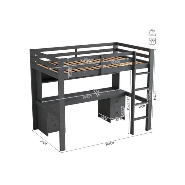 90*200 cm Hög loftsäng med säng ovan och bord nedan, stort förvaringsutrymme, höga barriärer, grå