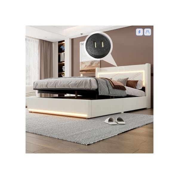 140*200cm Säng med platt design, ambientbelysning vid sängens fot, justerbar app, sängen kan höjas och sänkas, färg beige