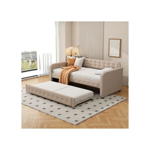 Kanapé-säng 90*200 cm, dagsäng, med utdragbar säng, stort förvaringsutrymme, mörkbeige