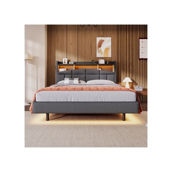 Säng med stoppning, 140*200 cm, sänggavel med förvaring, typ USB+C, utan madrass, grå