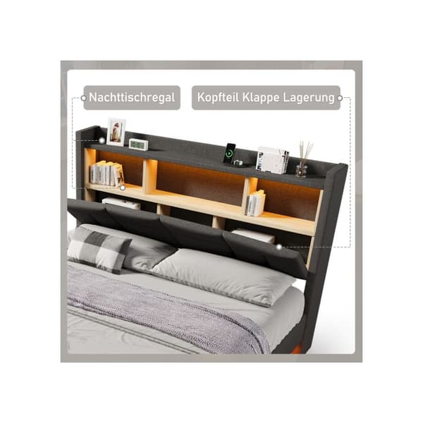 Säng med stoppning, 140*200 cm, sänggavel med förvaring, typ USB+C, utan madrass, grå