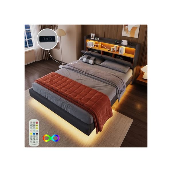 Säng med stoppning, 140*200 cm, sänggavel med förvaring, typ USB+C, utan madrass, grå