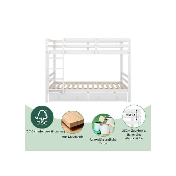 140*200cm Bunk beds Barnsängar med lådor, förvaringsutrymme, höga räcken, vit