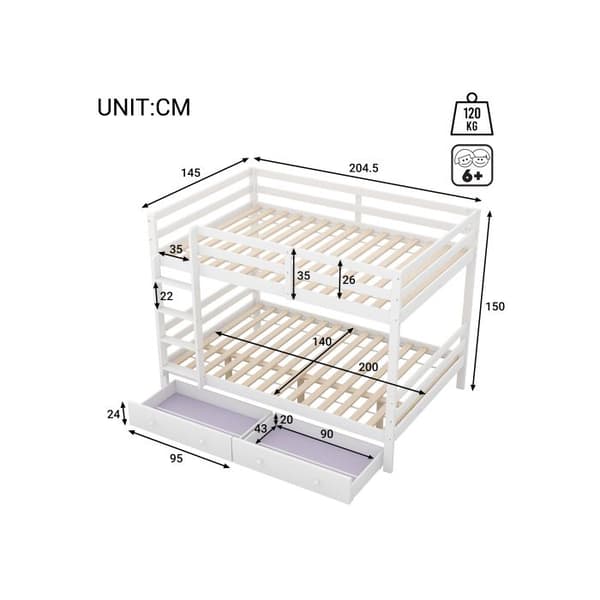 140*200cm Bunk beds Barnsängar med lådor, förvaringsutrymme, höga räcken, vit